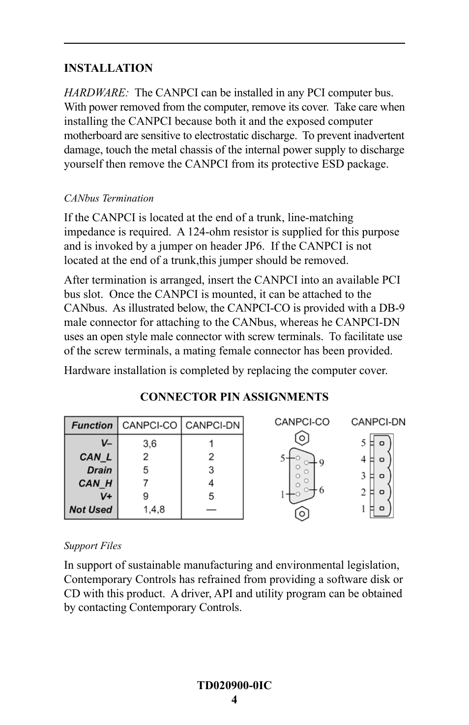 Installation, Canbus termination, Connector pin assignments | Support files | Contemporary Control Systems CANPCI User Manual | Page 4 / 8