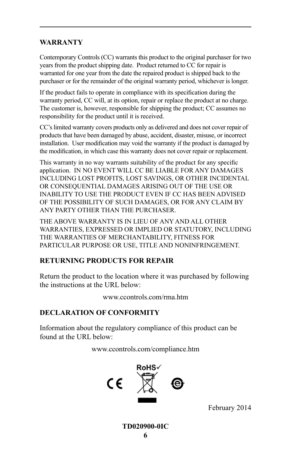 Warranty, Returning products for repair, Declaration of conformity | Contemporary Control Systems CANPCI User Manual | Page 6 / 8