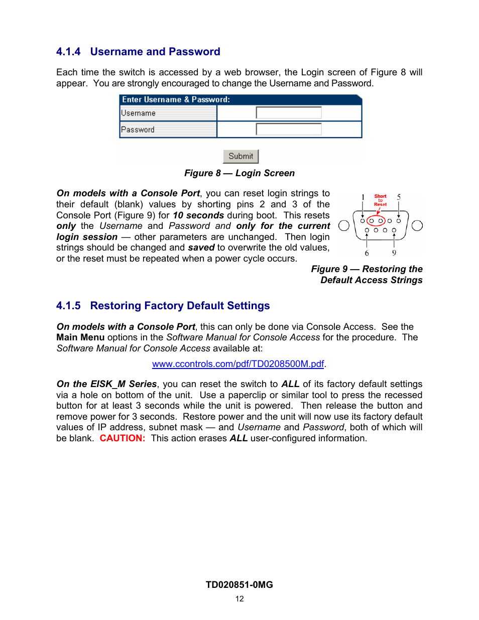 4 username and password, 5 restoring factory default settings, Username and password | Restoring factory default settings | Contemporary Control Systems Compact Managed Switches Software Manual for Web Browser User Manual | Page 12 / 83