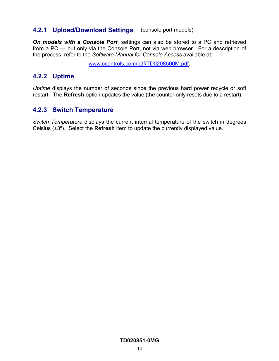 1 upload/download settings, 2 uptime, 3 switch temperature | Upload/download settings, Uptime, Switch temperature, N 4.2.1 | Contemporary Control Systems Compact Managed Switches Software Manual for Web Browser User Manual | Page 14 / 83
