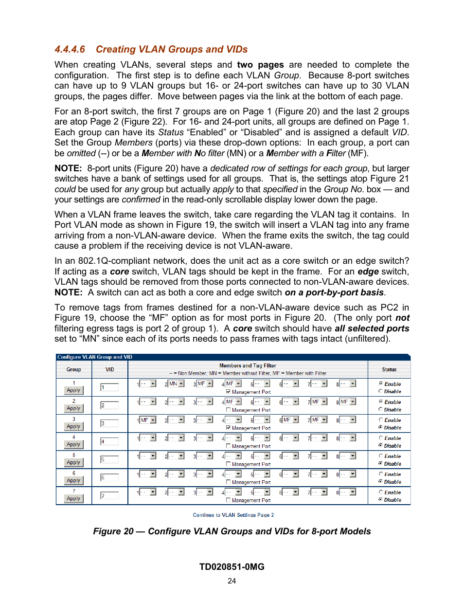 6 creating vlan groups and vids, Creating vlan groups and vids | Contemporary Control Systems Compact Managed Switches Software Manual for Web Browser User Manual | Page 24 / 83