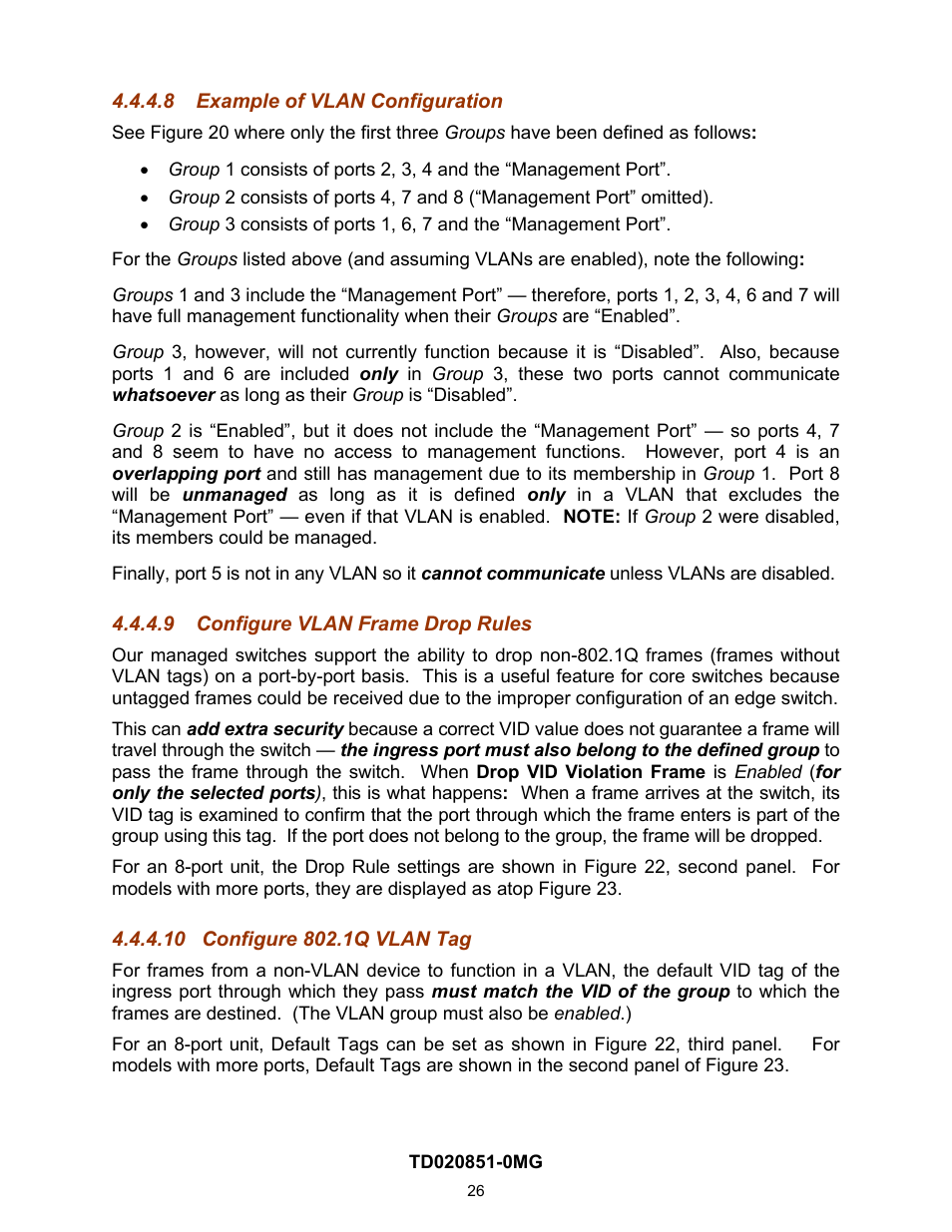 8 example of vlan configuration, 9 configure vlan frame drop rules, 10 configure 802.1q vlan tag | Example of vlan configuration, Configure vlan frame drop rules, Configure 802.1q vlan tag | Contemporary Control Systems Compact Managed Switches Software Manual for Web Browser User Manual | Page 26 / 83