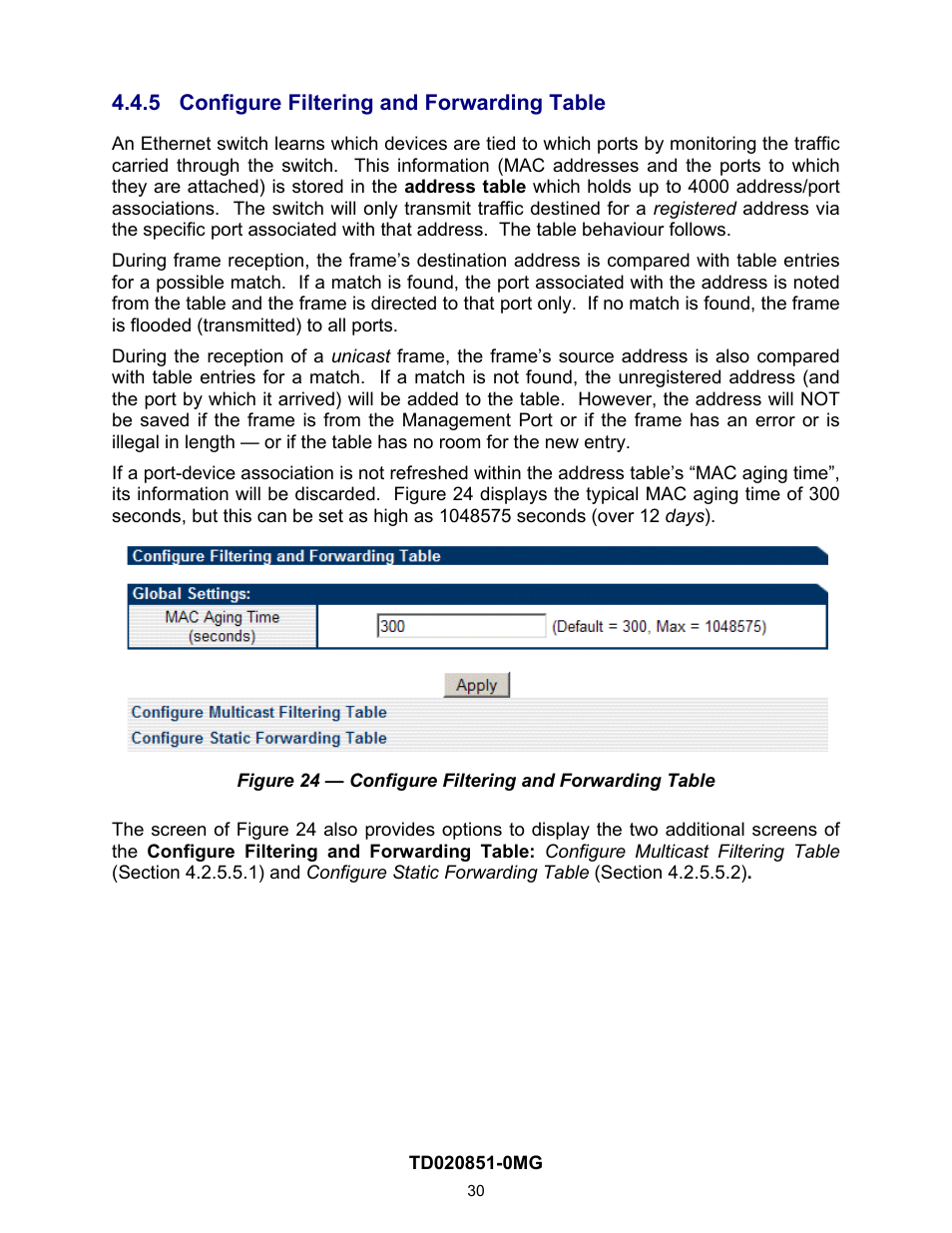 5 configure filtering and forwarding table, Configure filtering and forwarding table, On 4.4.5) | Contemporary Control Systems Compact Managed Switches Software Manual for Web Browser User Manual | Page 30 / 83