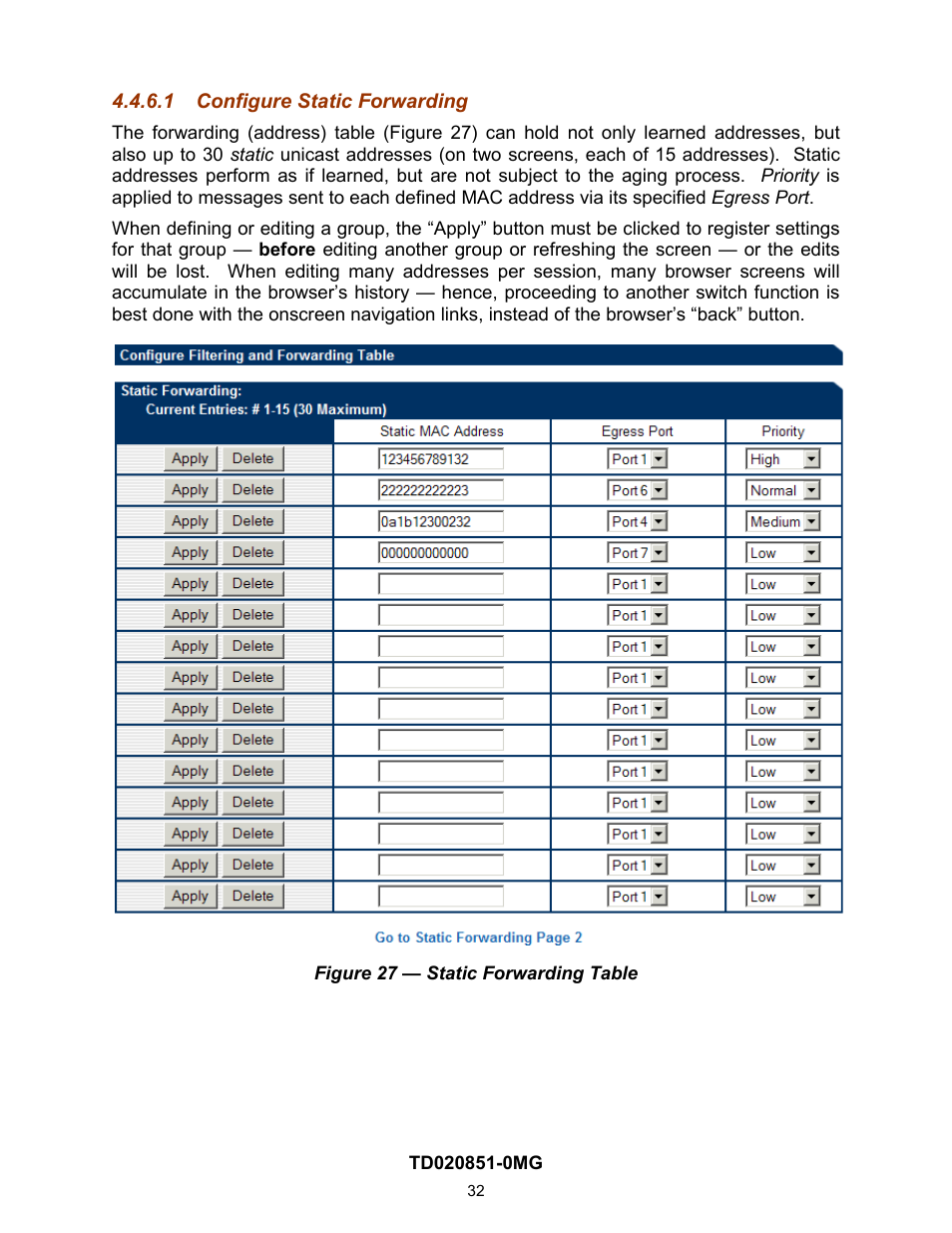 1 configure static forwarding, Configure static forwarding | Contemporary Control Systems Compact Managed Switches Software Manual for Web Browser User Manual | Page 32 / 83