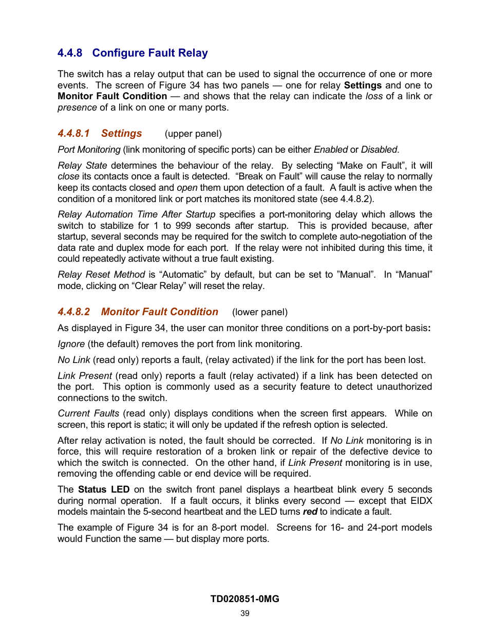 8 configure fault relay, 1 settings, 2 monitor fault condition | Configure fault relay, Settings, Monitor fault condition, On 4.4.8) | Contemporary Control Systems Compact Managed Switches Software Manual for Web Browser User Manual | Page 39 / 83