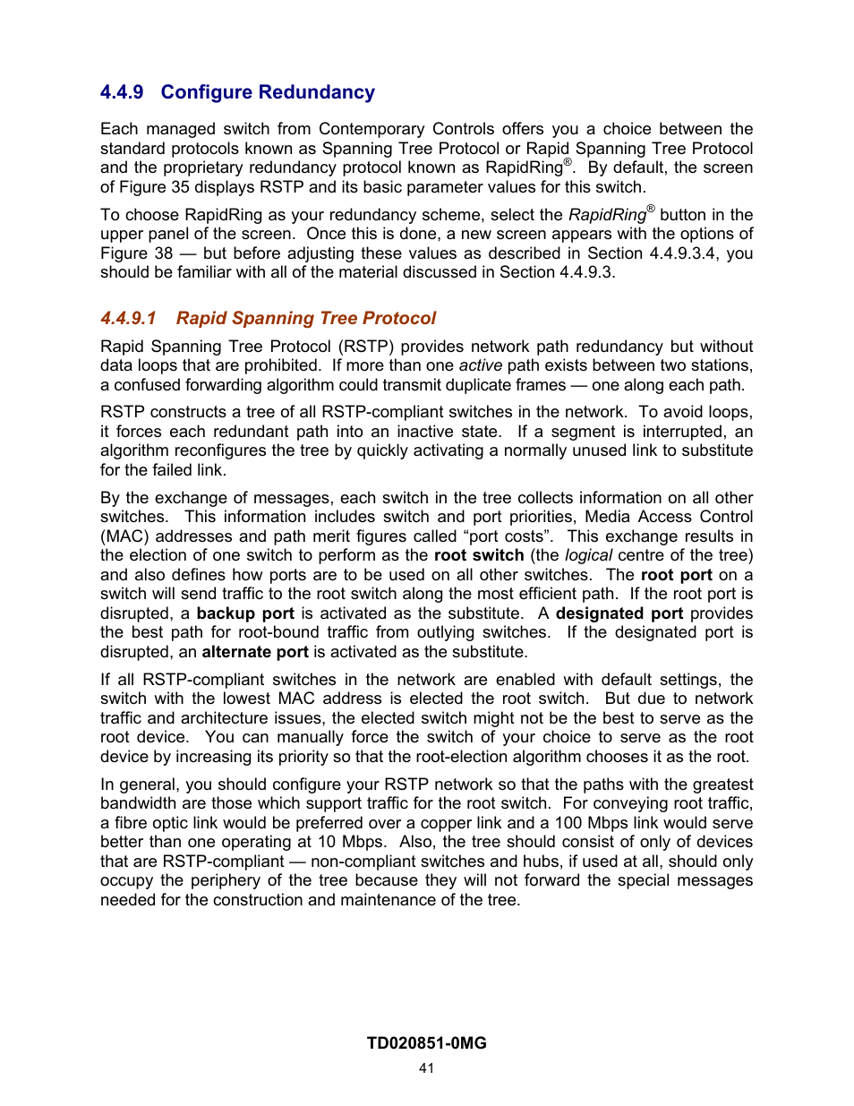 9 configure redundancy, 1 rapid spanning tree protocol, Configure redundancy | Rapid spanning tree protocol | Contemporary Control Systems Compact Managed Switches Software Manual for Web Browser User Manual | Page 41 / 83