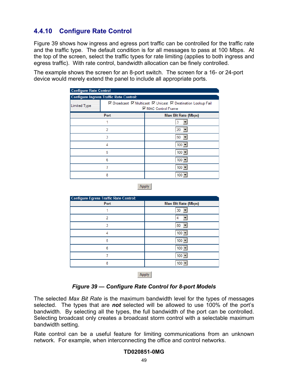 10 configure rate control, Configure rate control, On 4.4.10) | Contemporary Control Systems Compact Managed Switches Software Manual for Web Browser User Manual | Page 49 / 83