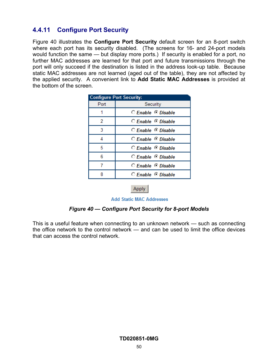 11 configure port security, Configure port security, On 4.4.11) | Contemporary Control Systems Compact Managed Switches Software Manual for Web Browser User Manual | Page 50 / 83