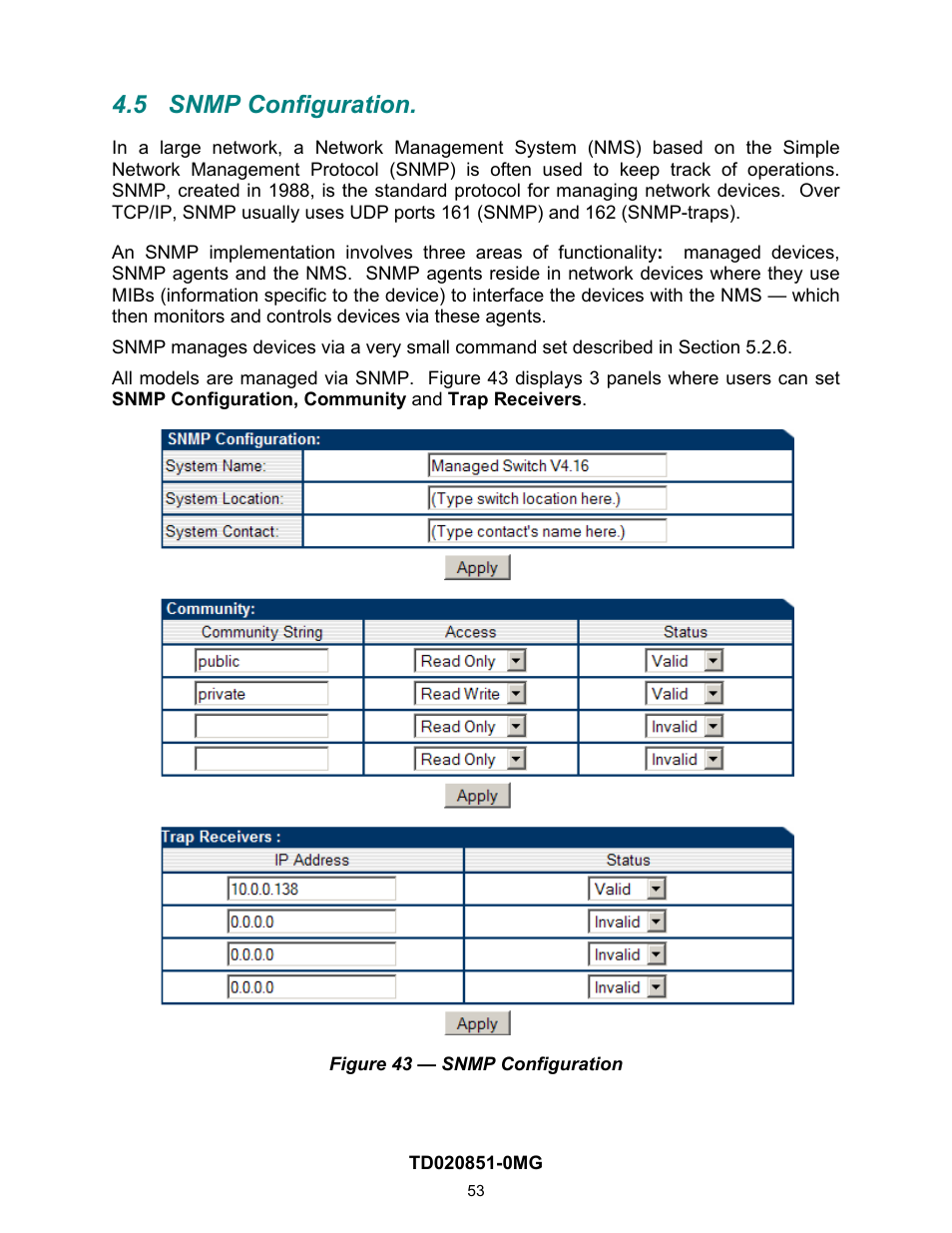 5 snmp configuration, Snmp configuration | Contemporary Control Systems Compact Managed Switches Software Manual for Web Browser User Manual | Page 53 / 83