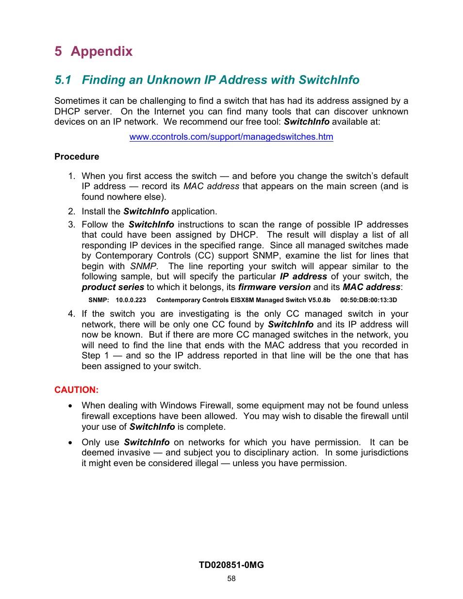 5 appendix, 1 finding an unknown ip address with switchinfo, Appendix | Finding an unknown ip address with switchinfo, Ee appendix | Contemporary Control Systems Compact Managed Switches Software Manual for Web Browser User Manual | Page 58 / 83