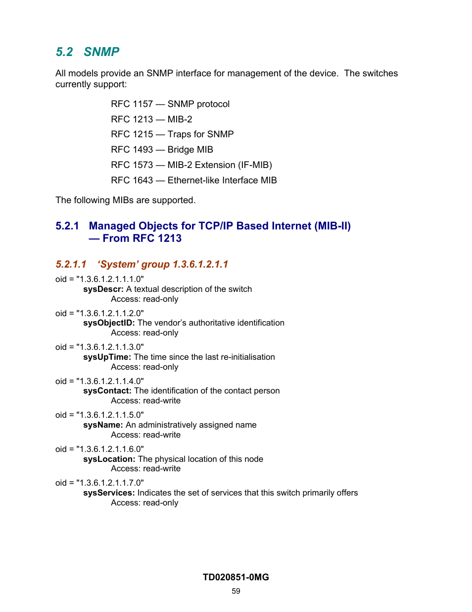 2 snmp, 1 ‘system’ group 1.3.6.1.2.1.1, Snmp | System’ group 1.3.6.1.2.1.1, On 5.2.1.1 | Contemporary Control Systems Compact Managed Switches Software Manual for Web Browser User Manual | Page 59 / 83