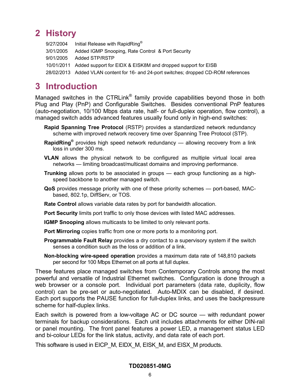 2 history, 3 introduction, History | Introduction | Contemporary Control Systems Compact Managed Switches Software Manual for Web Browser User Manual | Page 6 / 83