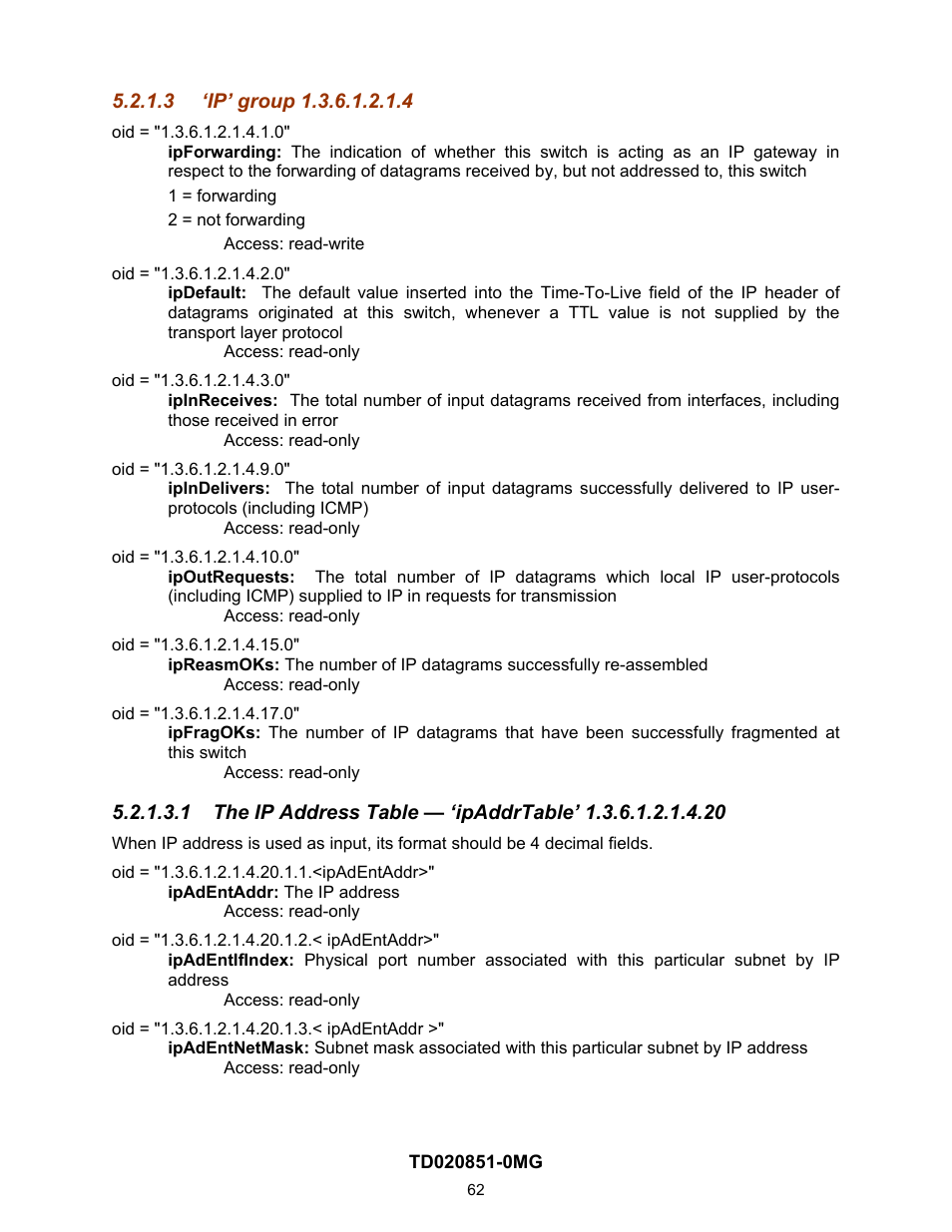 3 ‘ip’ group 1.3.6.1.2.1.4, Ip’ group 1.3.6.1.2.1.4 | Contemporary Control Systems Compact Managed Switches Software Manual for Web Browser User Manual | Page 62 / 83
