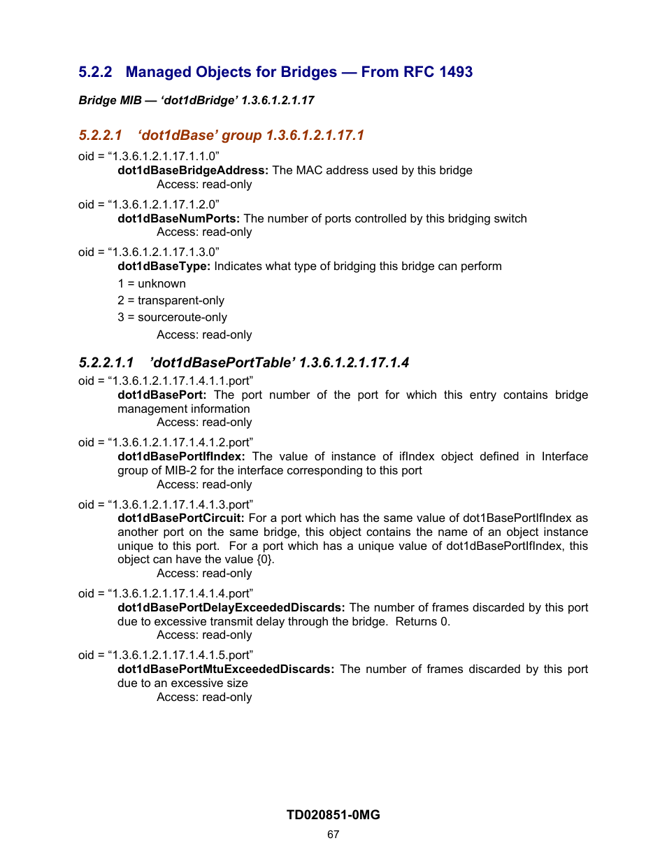 2 managed objects for bridges — from rfc 1493, 1 ‘dot1dbase’ group 1.3.6.1.2.1.17.1, 1 ’dot1dbaseporttable’ 1.3.6.1.2.1.17.1.4 | Managed objects for bridges — from rfc 1493, Dot1dbase’ group 1.3.6.1.2.1.17.1 | Contemporary Control Systems Compact Managed Switches Software Manual for Web Browser User Manual | Page 67 / 83