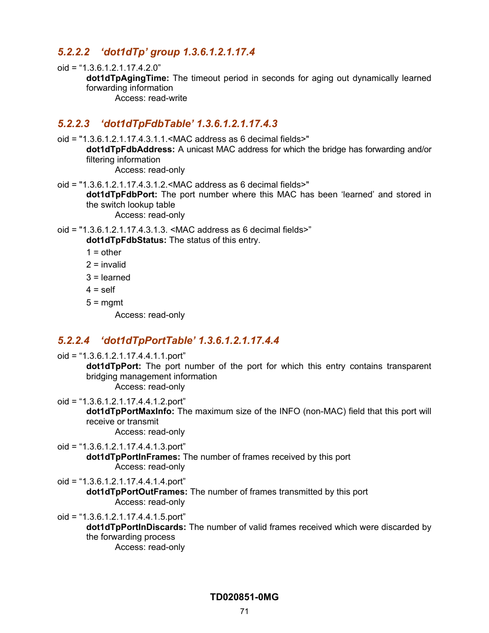 2 ‘dot1dtp’ group 1.3.6.1.2.1.17.4, 3 ‘dot1dtpfdbtable’ 1.3.6.1.2.1.17.4.3, 4 ‘dot1dtpporttable’ 1.3.6.1.2.1.17.4.4 | Dot1dtp’ group 1.3.6.1.2.1.17.4, Dot1dtpfdbtable’ 1.3.6.1.2.1.17.4.3, Dot1dtpporttable’ 1.3.6.1.2.1.17.4.4 | Contemporary Control Systems Compact Managed Switches Software Manual for Web Browser User Manual | Page 71 / 83