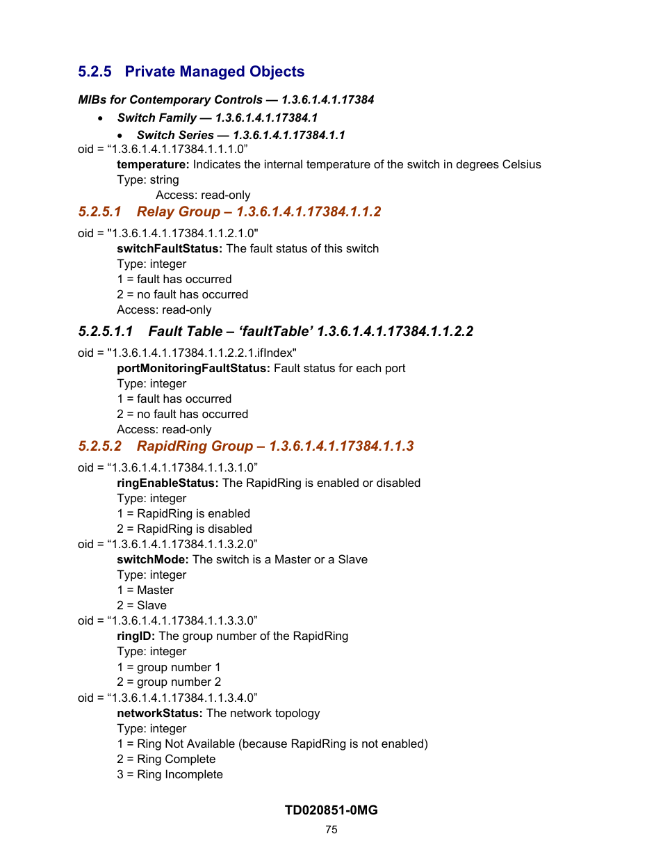5 private managed objects, 1 relay group – 1.3.6.1.4.1.17384.1.1.2, 2 rapidring group – 1.3.6.1.4.1.17384.1.1.3 | Private managed objects, Relay group – 1.3.6.1.4.1.17384.1.1.2, Rapidring group – 1.3.6.1.4.1.17384.1.1.3 | Contemporary Control Systems Compact Managed Switches Software Manual for Web Browser User Manual | Page 75 / 83