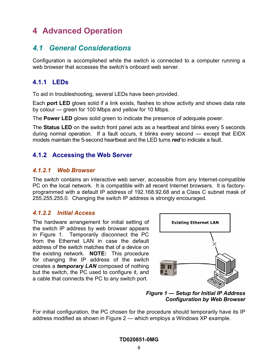 4 advanced operation, 1 general considerations, 1 leds | 2 accessing the web server, 1 web browser, 2 /initial access, Advanced operation, General considerations, Leds, Accessing the web server | Contemporary Control Systems Compact Managed Switches Software Manual for Web Browser User Manual | Page 8 / 83