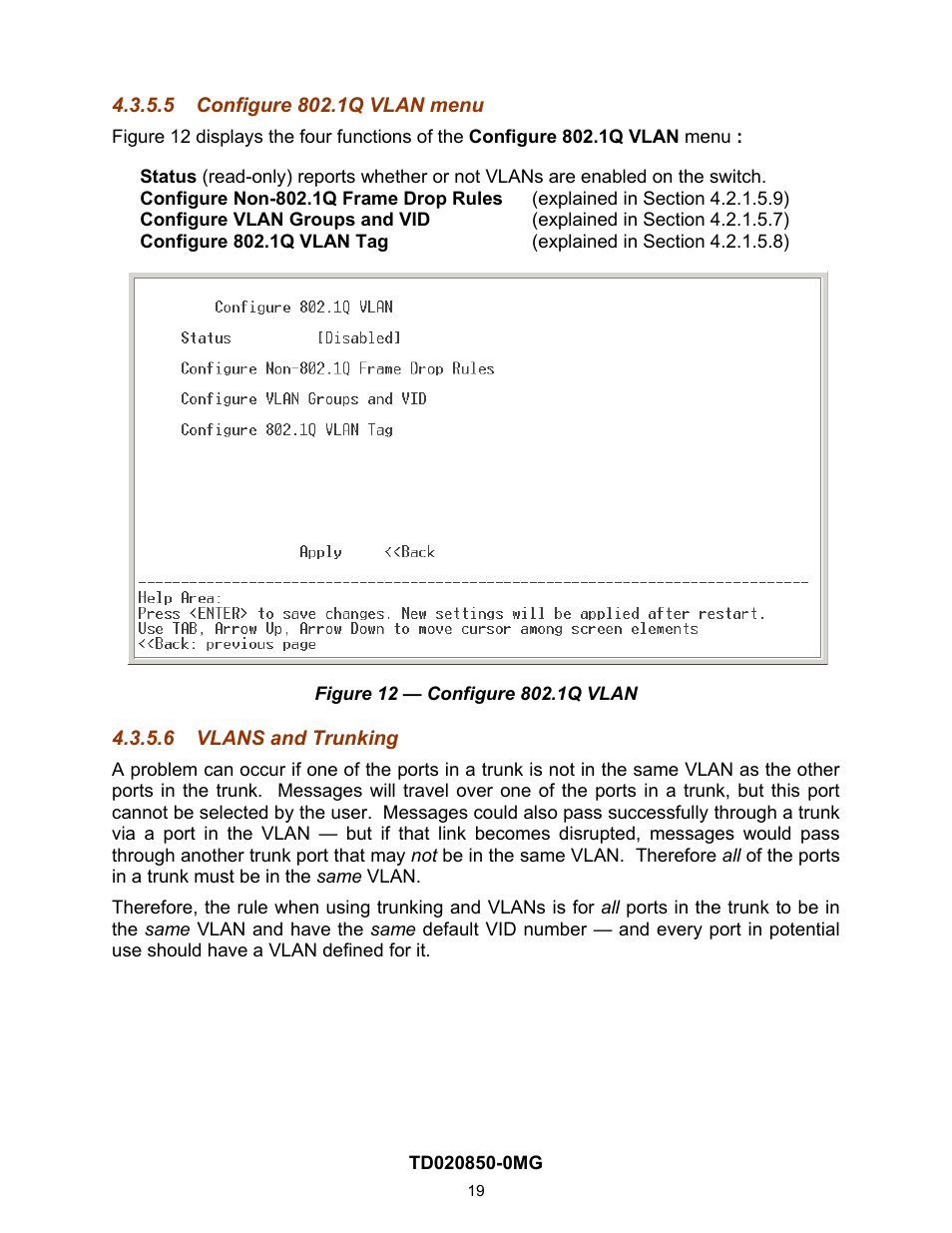 5 configure 802.1q vlan menu, 6 vlans and trunking | Contemporary Control Systems Compact Managed Switches Software Manual for Console Access User Manual | Page 19 / 80