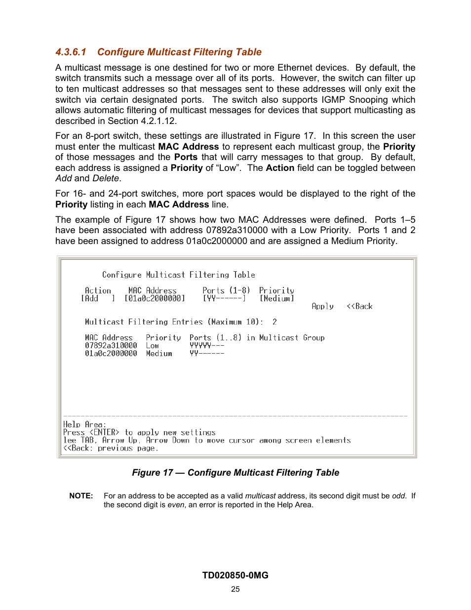 1 configure multicast filtering table, On 4.2.1.6.1) | Contemporary Control Systems Compact Managed Switches Software Manual for Console Access User Manual | Page 25 / 80