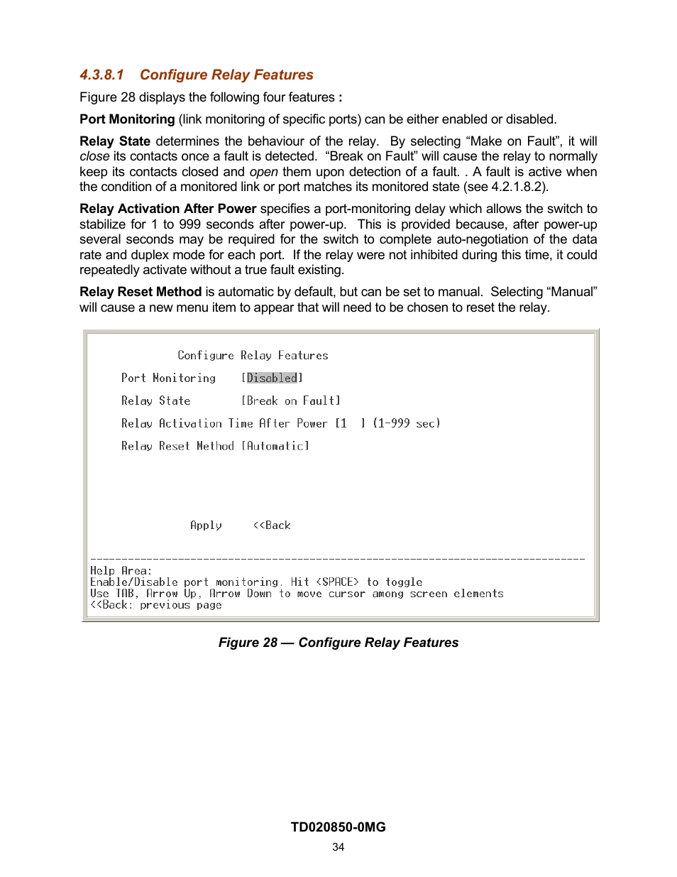 1 configure relay features, On 4.2.1.8.1) | Contemporary Control Systems Compact Managed Switches Software Manual for Console Access User Manual | Page 34 / 80