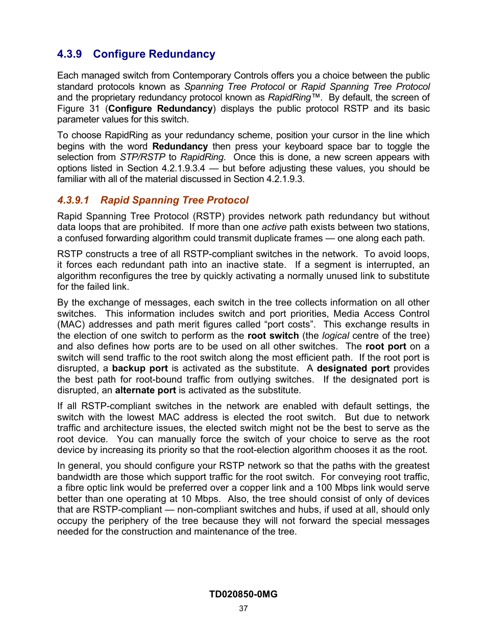 9 configure redundancy, 1 rapid spanning tree protocol, On 4.2.1.9) | Contemporary Control Systems Compact Managed Switches Software Manual for Console Access User Manual | Page 37 / 80