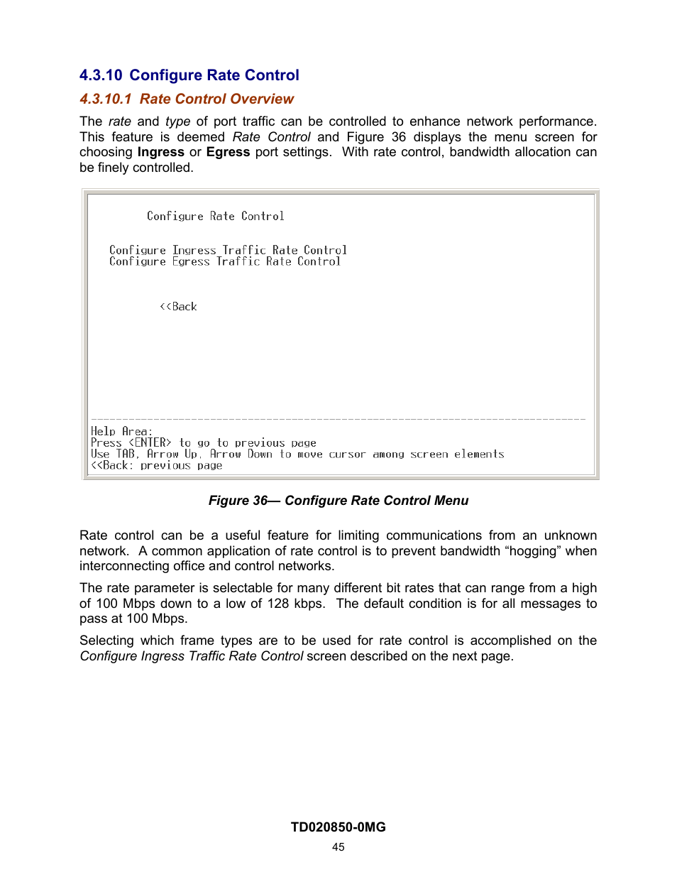 10 configure rate control, 1 rate control overview, On 4.2.1.10) | Contemporary Control Systems Compact Managed Switches Software Manual for Console Access User Manual | Page 45 / 80