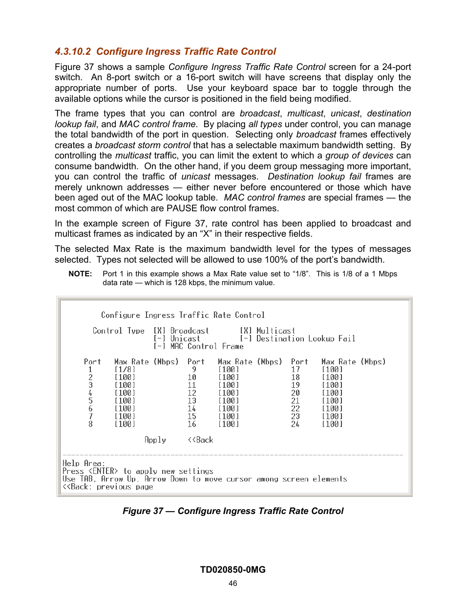 2 configure ingress traffic rate control | Contemporary Control Systems Compact Managed Switches Software Manual for Console Access User Manual | Page 46 / 80