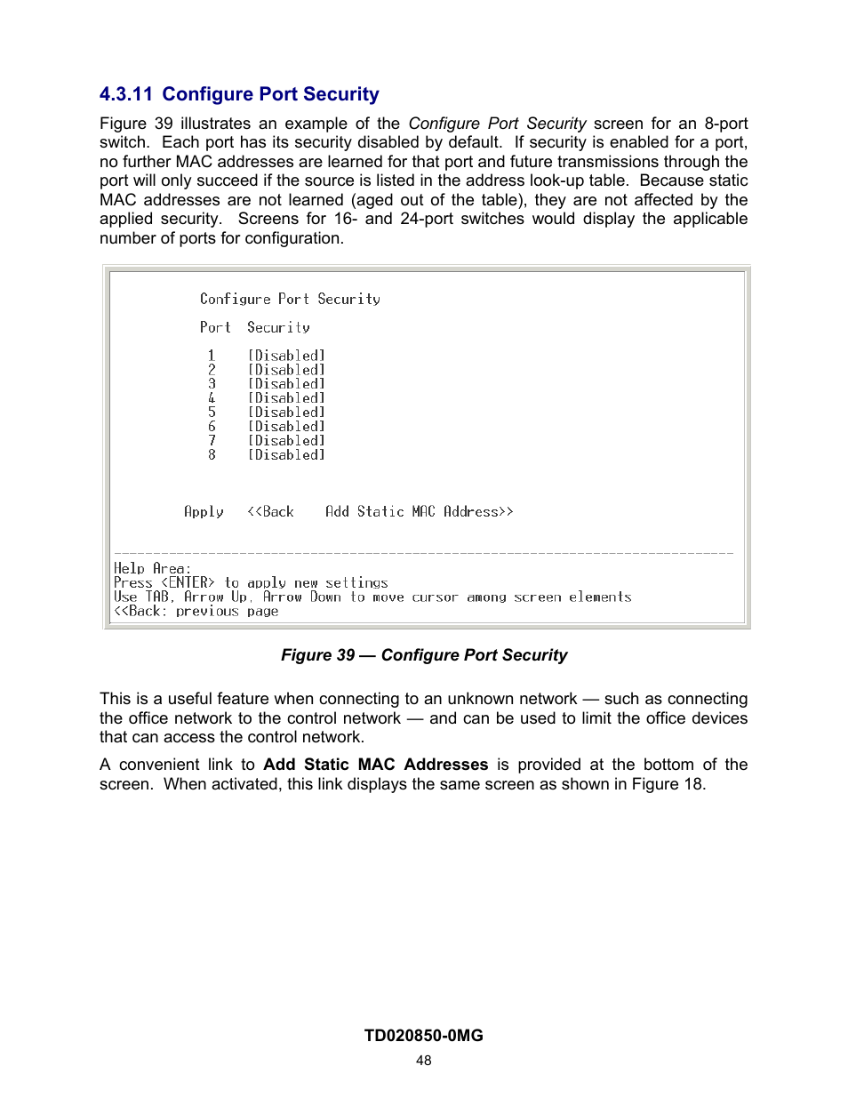 11 configure port security, On 4.2.1.11) | Contemporary Control Systems Compact Managed Switches Software Manual for Console Access User Manual | Page 48 / 80