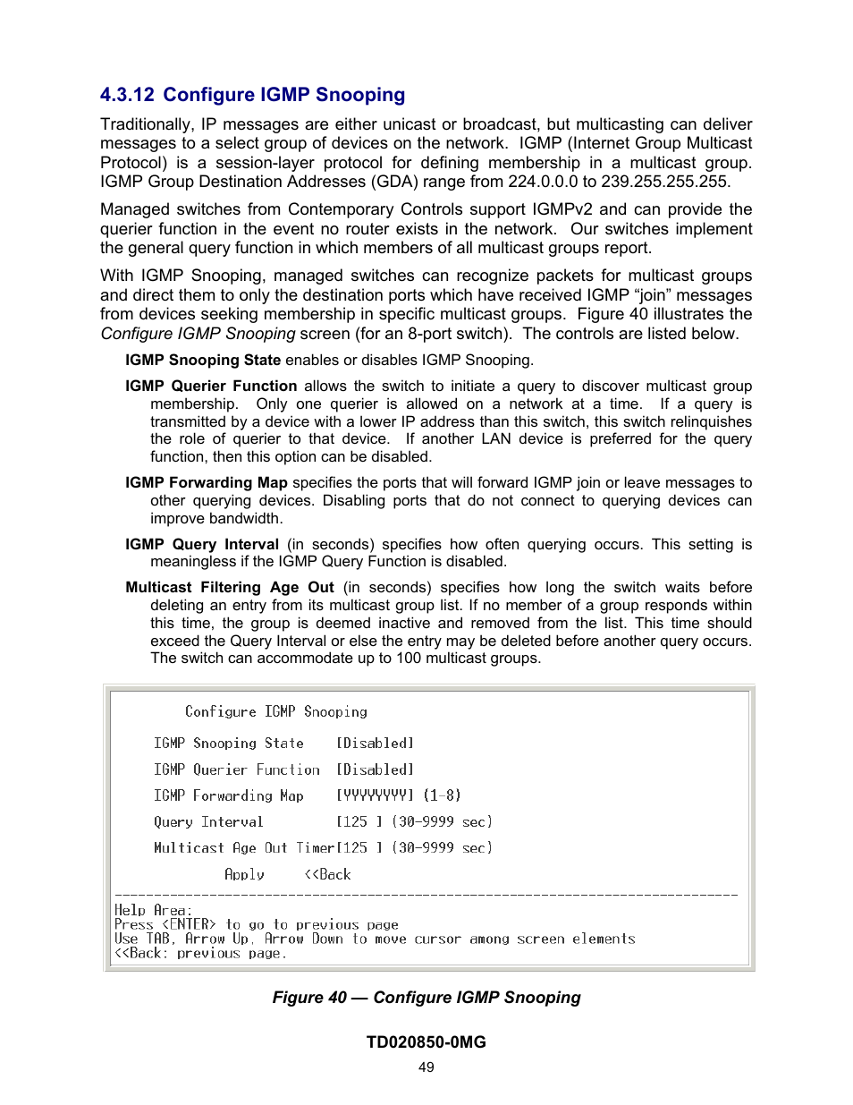 12 configure igmp snooping, On 4.2.1.12) | Contemporary Control Systems Compact Managed Switches Software Manual for Console Access User Manual | Page 49 / 80