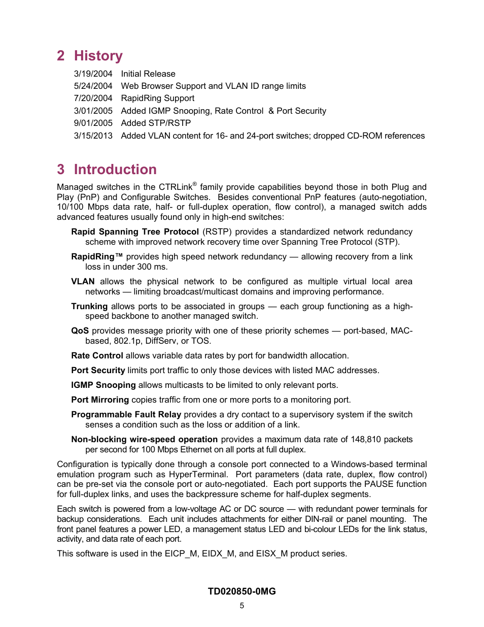 2 history, 3 introduction | Contemporary Control Systems Compact Managed Switches Software Manual for Console Access User Manual | Page 5 / 80