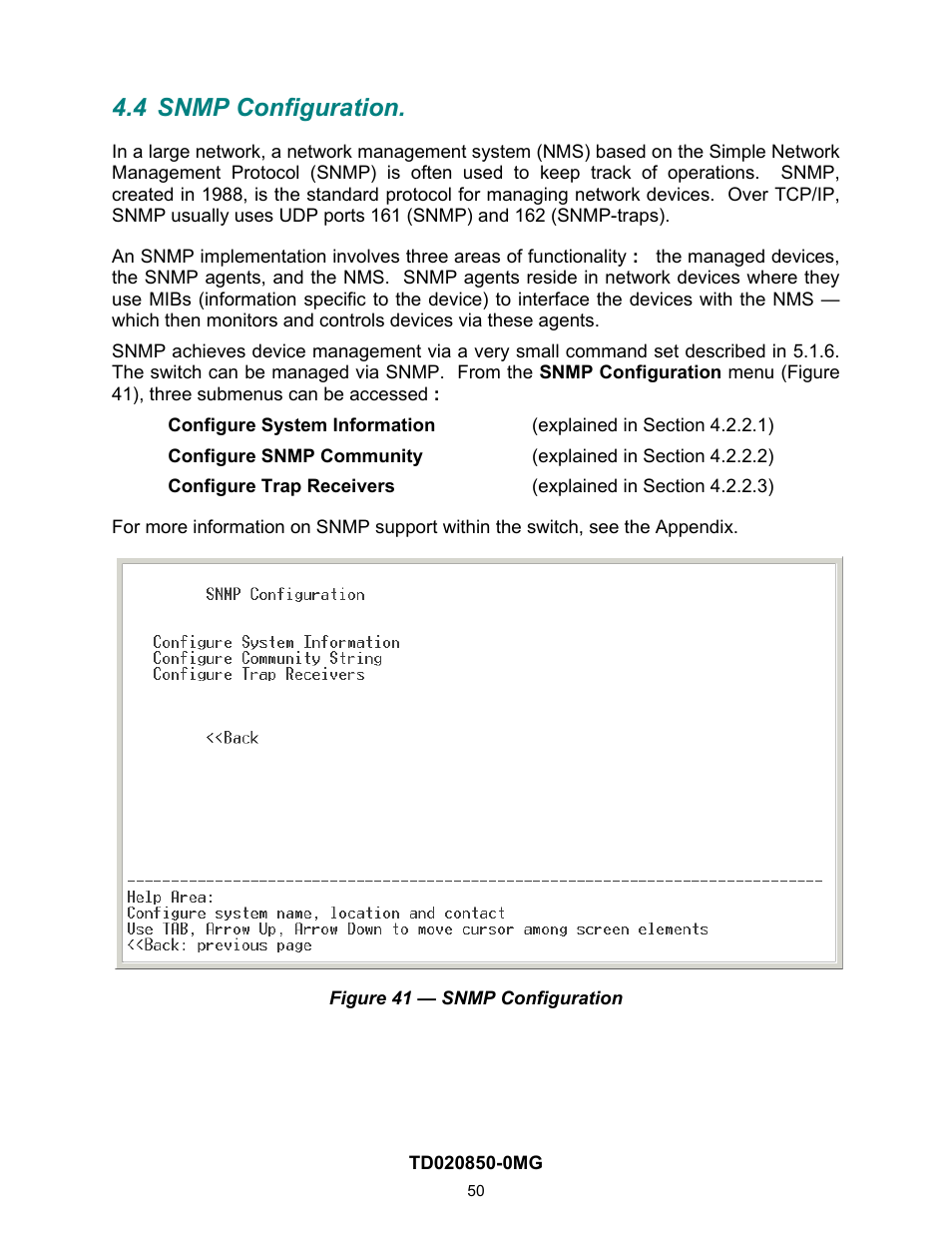 4 snmp configuration, 2 snmp configuration | Contemporary Control Systems Compact Managed Switches Software Manual for Console Access User Manual | Page 50 / 80
