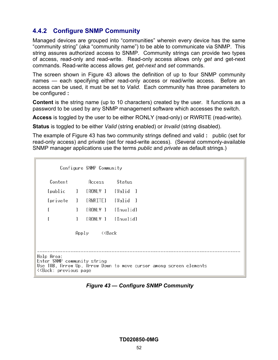 2 configure snmp community, On 4.2.2.2) | Contemporary Control Systems Compact Managed Switches Software Manual for Console Access User Manual | Page 52 / 80