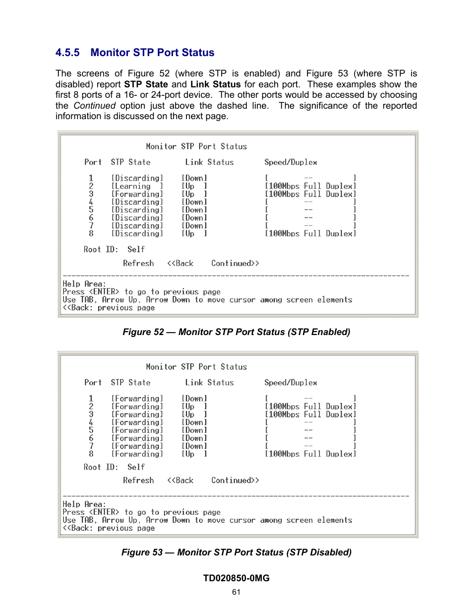 5 monitor stp port status, On 4.2.3.5) | Contemporary Control Systems Compact Managed Switches Software Manual for Console Access User Manual | Page 61 / 80