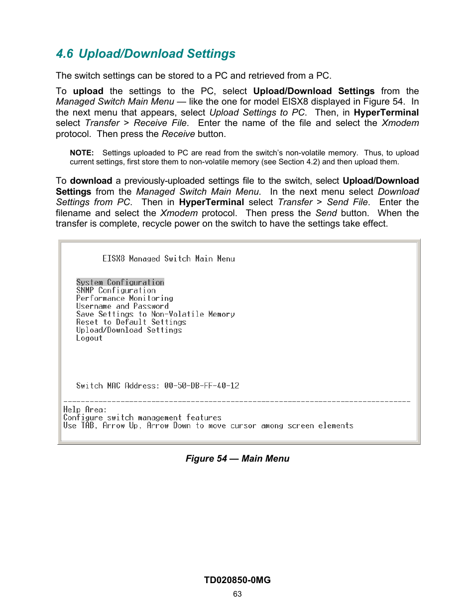 6 upload/download settings, 4 upload/download settings | Contemporary Control Systems Compact Managed Switches Software Manual for Console Access User Manual | Page 63 / 80