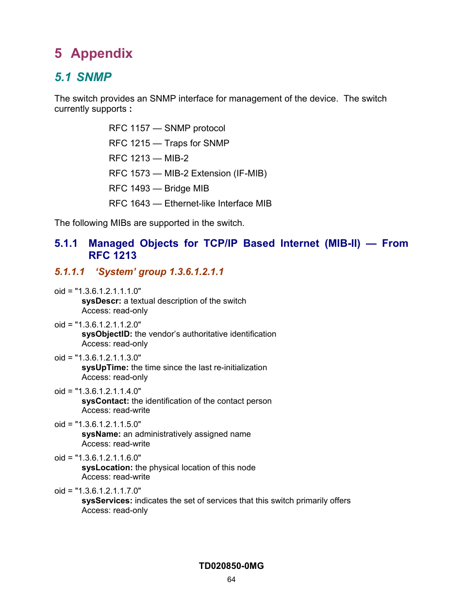 5 appendix, 1 snmp, 1 ‘system’ group 1.3.6.1.2.1.1 | He appendix | Contemporary Control Systems Compact Managed Switches Software Manual for Console Access User Manual | Page 64 / 80
