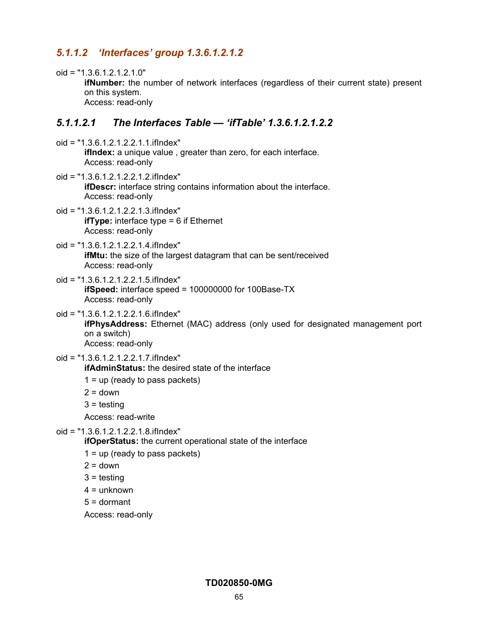2 ‘interfaces’ group 1.3.6.1.2.1.2, 1 the interfaces table — ‘iftable’ 1.3.6.1.2.1.2.2 | Contemporary Control Systems Compact Managed Switches Software Manual for Console Access User Manual | Page 65 / 80
