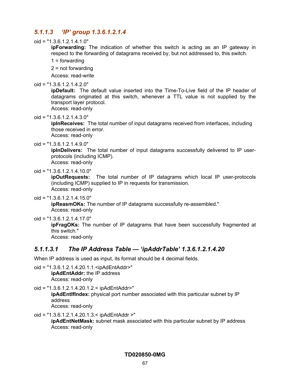3 ‘ip’ group 1.3.6.1.2.1.4 | Contemporary Control Systems Compact Managed Switches Software Manual for Console Access User Manual | Page 67 / 80