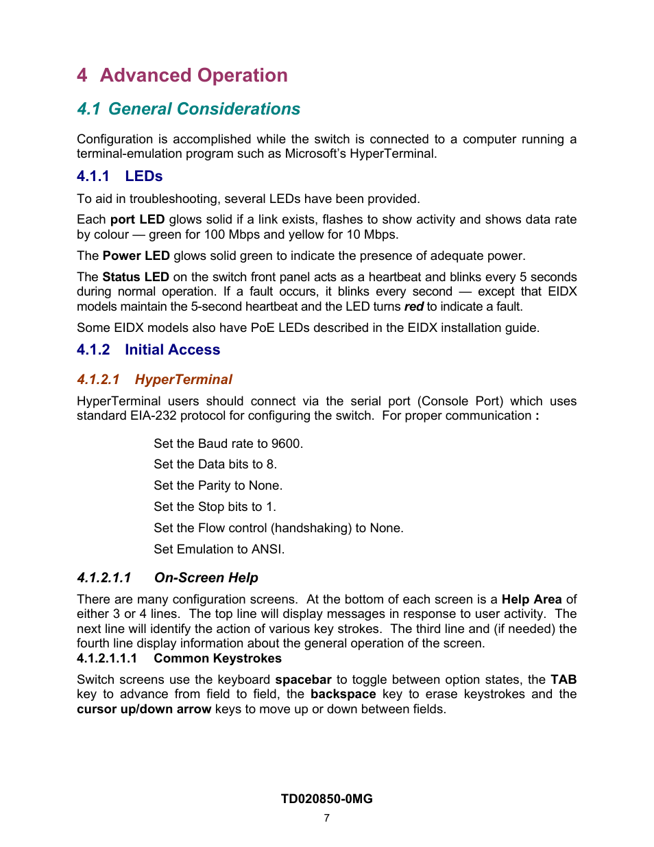 4 advanced operation, 1 general considerations, 1 leds | 2 initial access, 1 hyperterminal, 1 on-screen help, 1 common keystrokes, 1 leds 4.1.2 initial access | Contemporary Control Systems Compact Managed Switches Software Manual for Console Access User Manual | Page 7 / 80