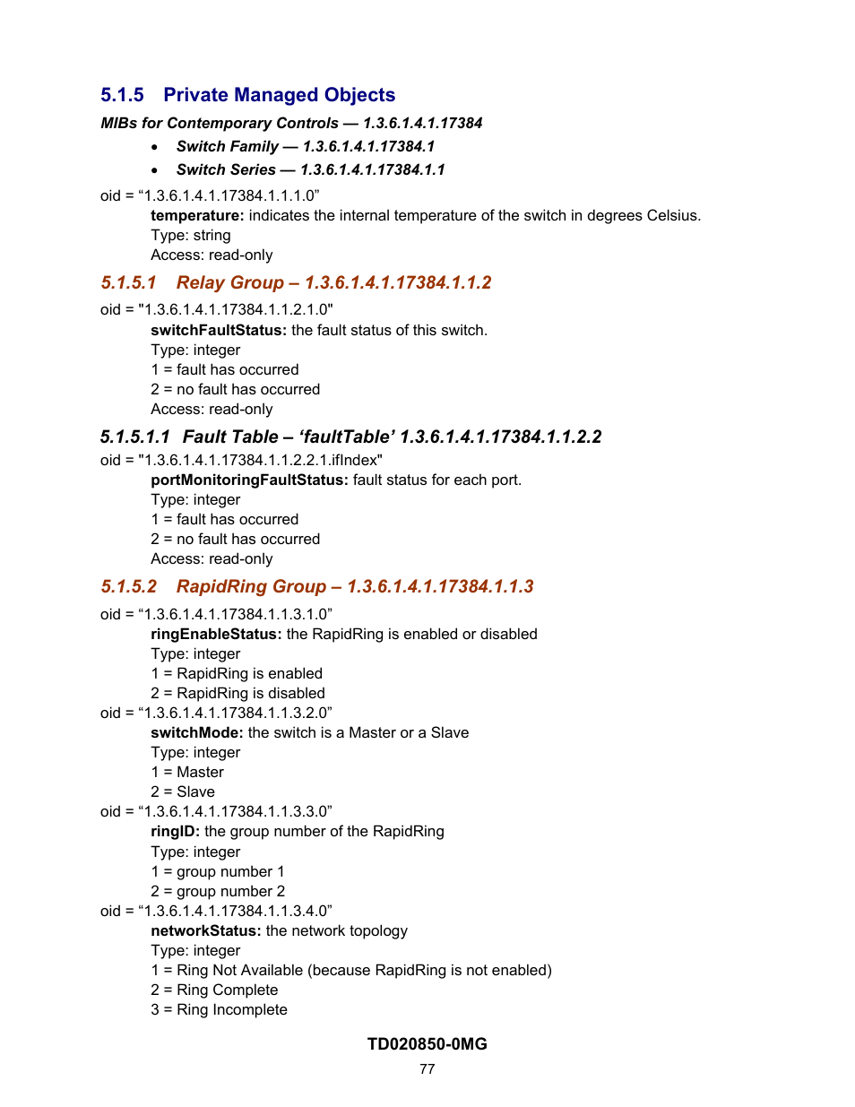 5 private managed objects, 1 relay group – 1.3.6.1.4.1.17384.1.1.2, 2 rapidring group – 1.3.6.1.4.1.17384.1.1.3 | Contemporary Control Systems Compact Managed Switches Software Manual for Console Access User Manual | Page 77 / 80