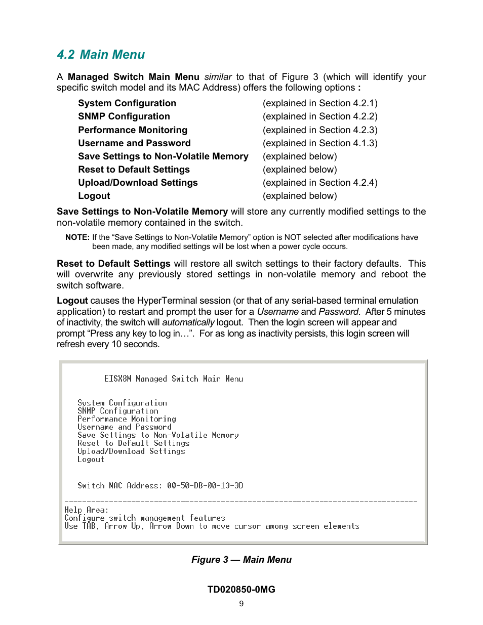 2 main menu | Contemporary Control Systems Compact Managed Switches Software Manual for Console Access User Manual | Page 9 / 80