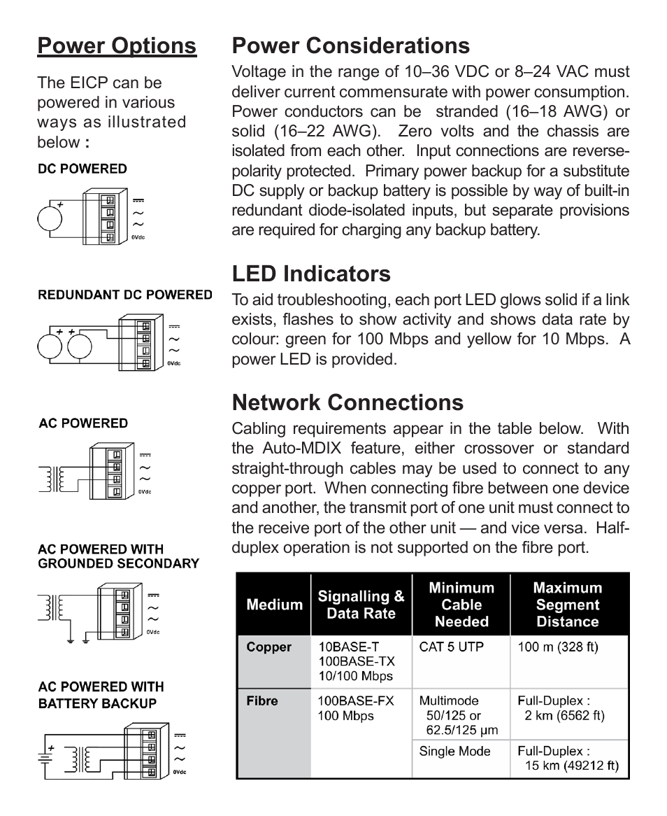 Power options, Power considerations, Led indicators | Network connections | Contemporary Control Systems Compact Unmanaged Switches User Manual | Page 3 / 4