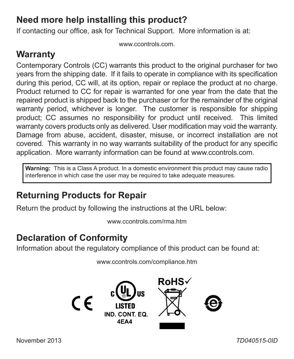 More help, Warranty, Returning products for repair | Declaration of conformity, Need more help installing this product | Contemporary Control Systems Compact Unmanaged Switches User Manual | Page 4 / 4