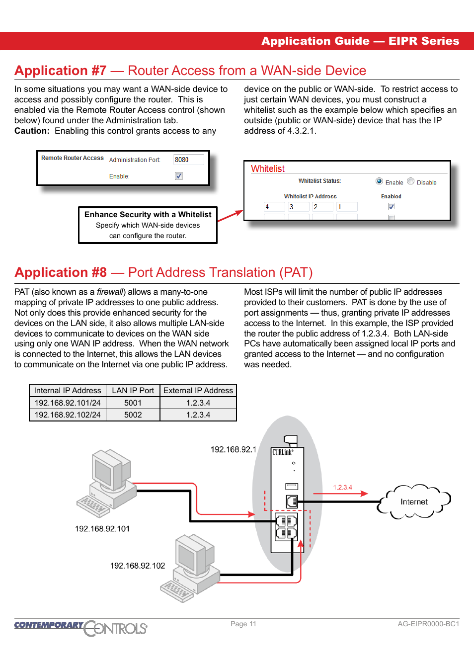 Application #8 - port address translation (pat), Application #8 — port address translation (pat), Application guide — eipr series | Contemporary Control Systems EIPR Wired/Wireless VPN Router Application Guide User Manual | Page 11 / 14