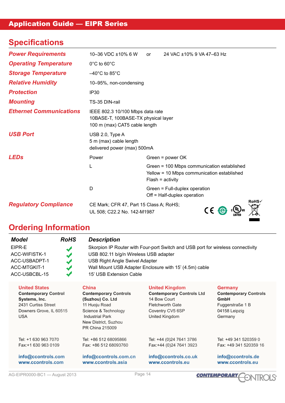 Specifications, Ordering information, Office locations | Application guide — eipr series | Contemporary Control Systems EIPR Wired/Wireless VPN Router Application Guide User Manual | Page 14 / 14