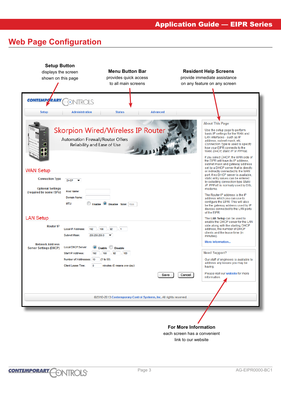 Web page configuration, Application guide — eipr series | Contemporary Control Systems EIPR Wired/Wireless VPN Router Application Guide User Manual | Page 3 / 14