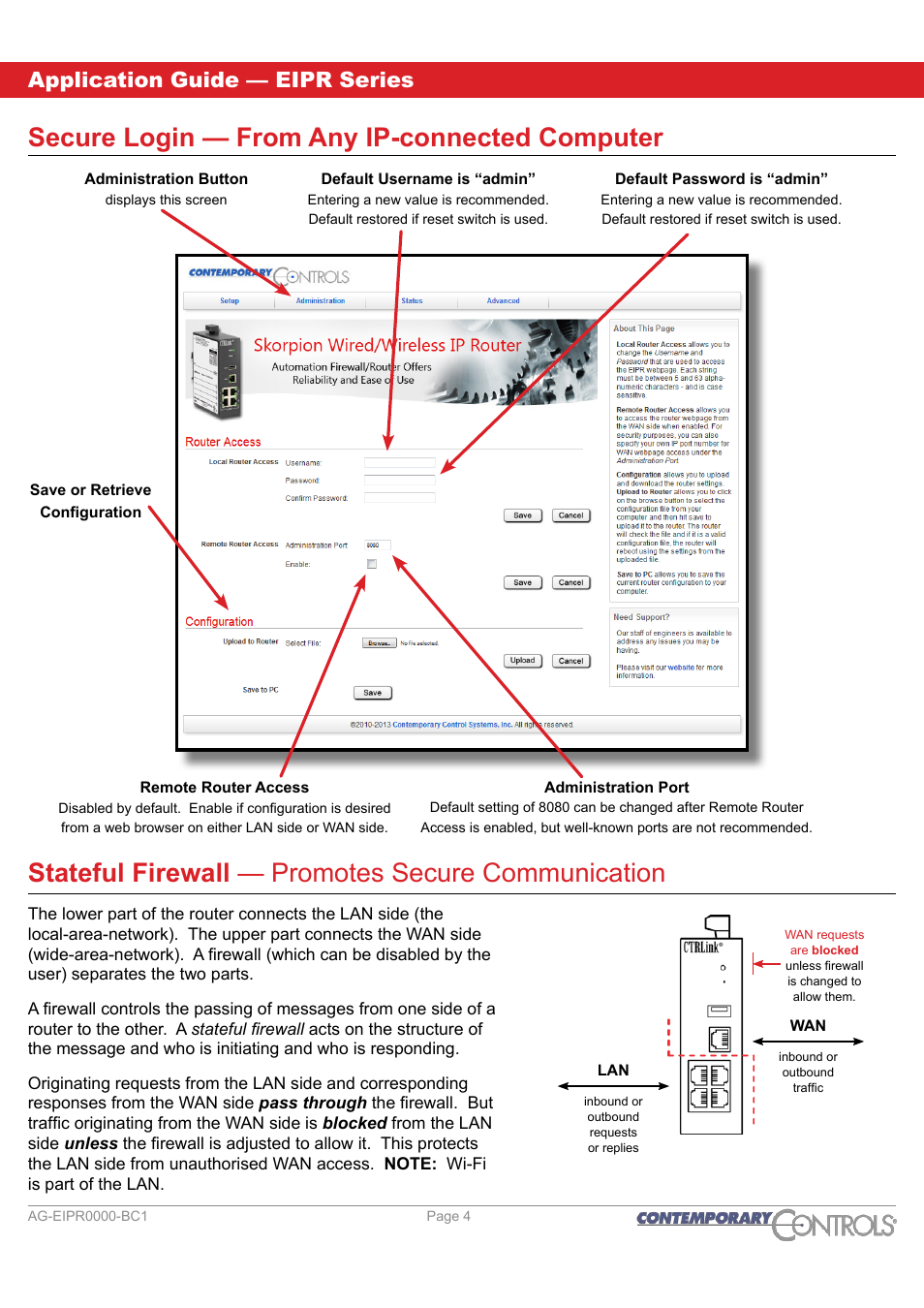 Secure login, Stateful firewall, Secure login — from any ip-connected computer | Stateful firewall — promotes secure communication, Application guide — eipr series | Contemporary Control Systems EIPR Wired/Wireless VPN Router Application Guide User Manual | Page 4 / 14