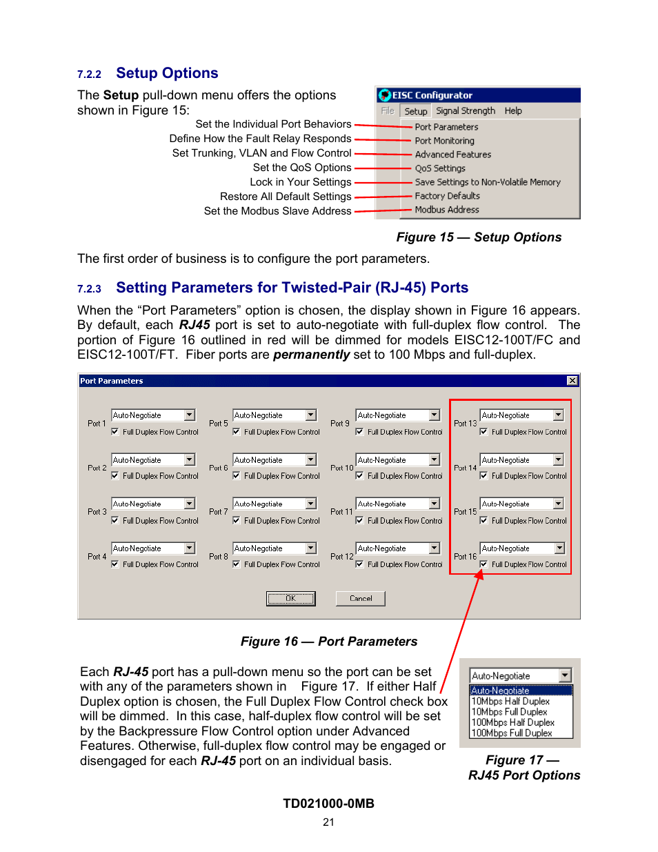 Setup options, Setting parameters for twisted-pair (rj-45) ports, 2 setup | Options | Contemporary Control Systems EISC Configurable Switches User Manual User Manual | Page 21 / 36