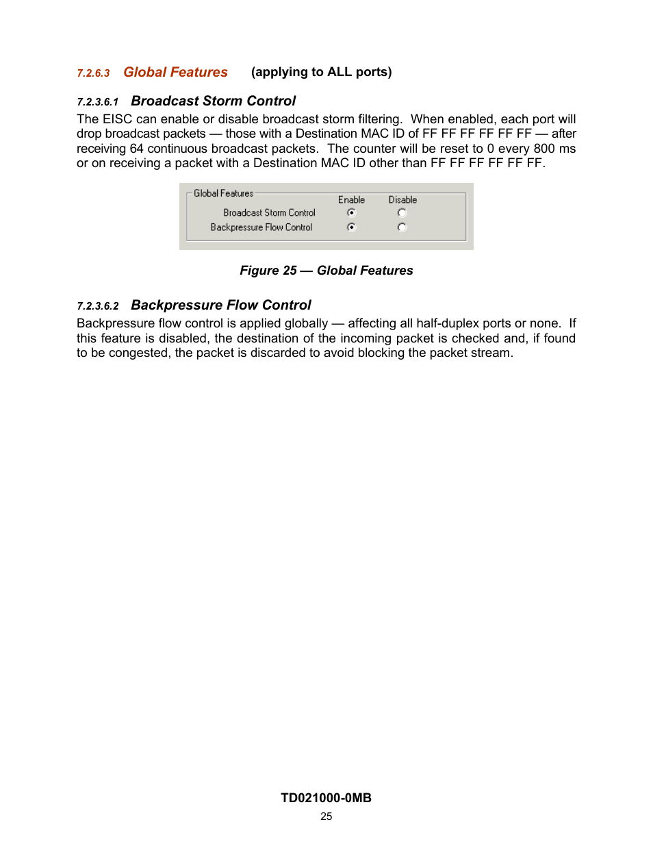 Global features, Broadcast storm control, Backpressure flow control | Contemporary Control Systems EISC Configurable Switches User Manual User Manual | Page 25 / 36