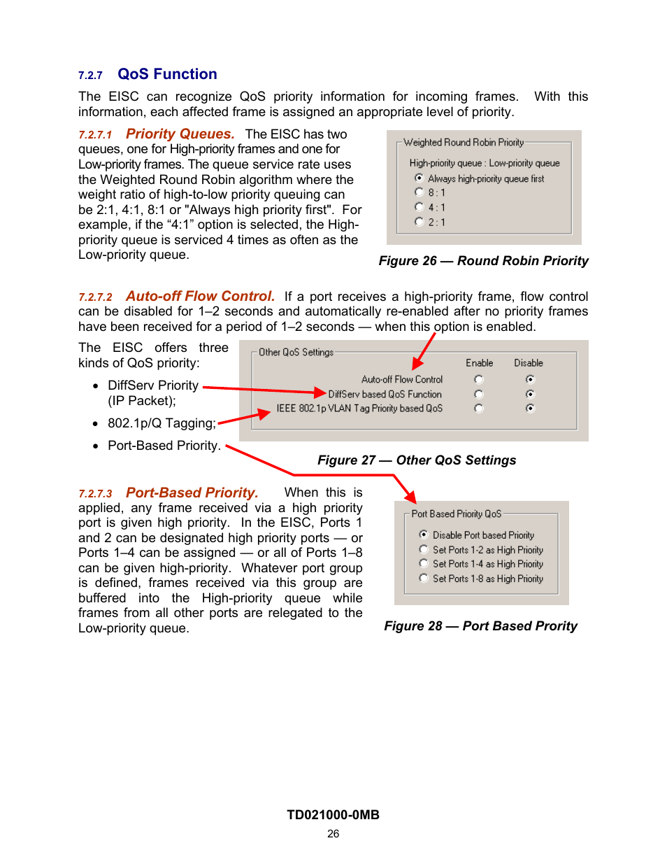 Qos function, Priority queues, Auto-off flow control | Port-based priority, 7 qos, Function | Contemporary Control Systems EISC Configurable Switches User Manual User Manual | Page 26 / 36