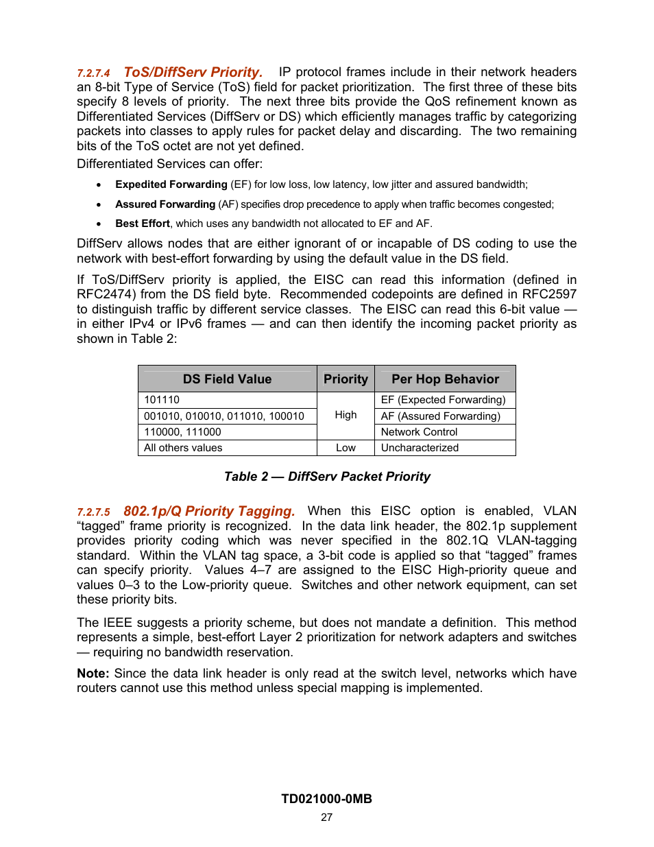 Tos/diffserv priority, 1p/q priority tagging | Contemporary Control Systems EISC Configurable Switches User Manual User Manual | Page 27 / 36